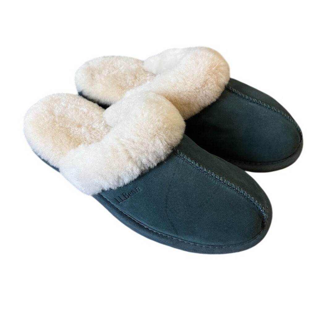 L.L.Bean Slippers Womens Size 10 Teal Green Slip-On Shearling Lined Scuff